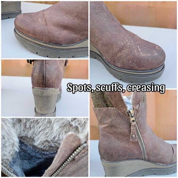 Brown Wedge Boots OTBT Descend Size 10 Distressed Leather Zip Buckle Fuzzy Lined - Picture 10 of 14
